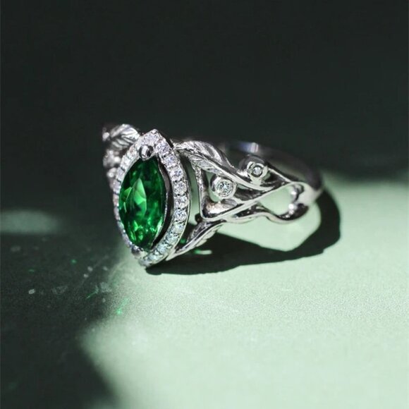 Emerald Marquis Gem Leaf Weave Silver Noble Rings for Women, MARR9100 - Picture 3 of 6